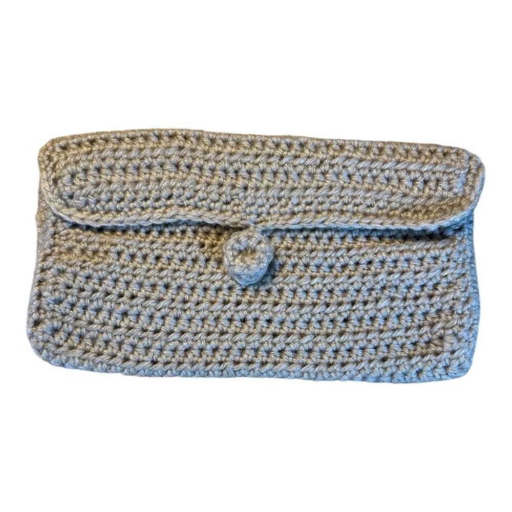 Handmade Gray Crochet Knit Clutch Purse Fold Over Flap Button Bag 12x7 EUC